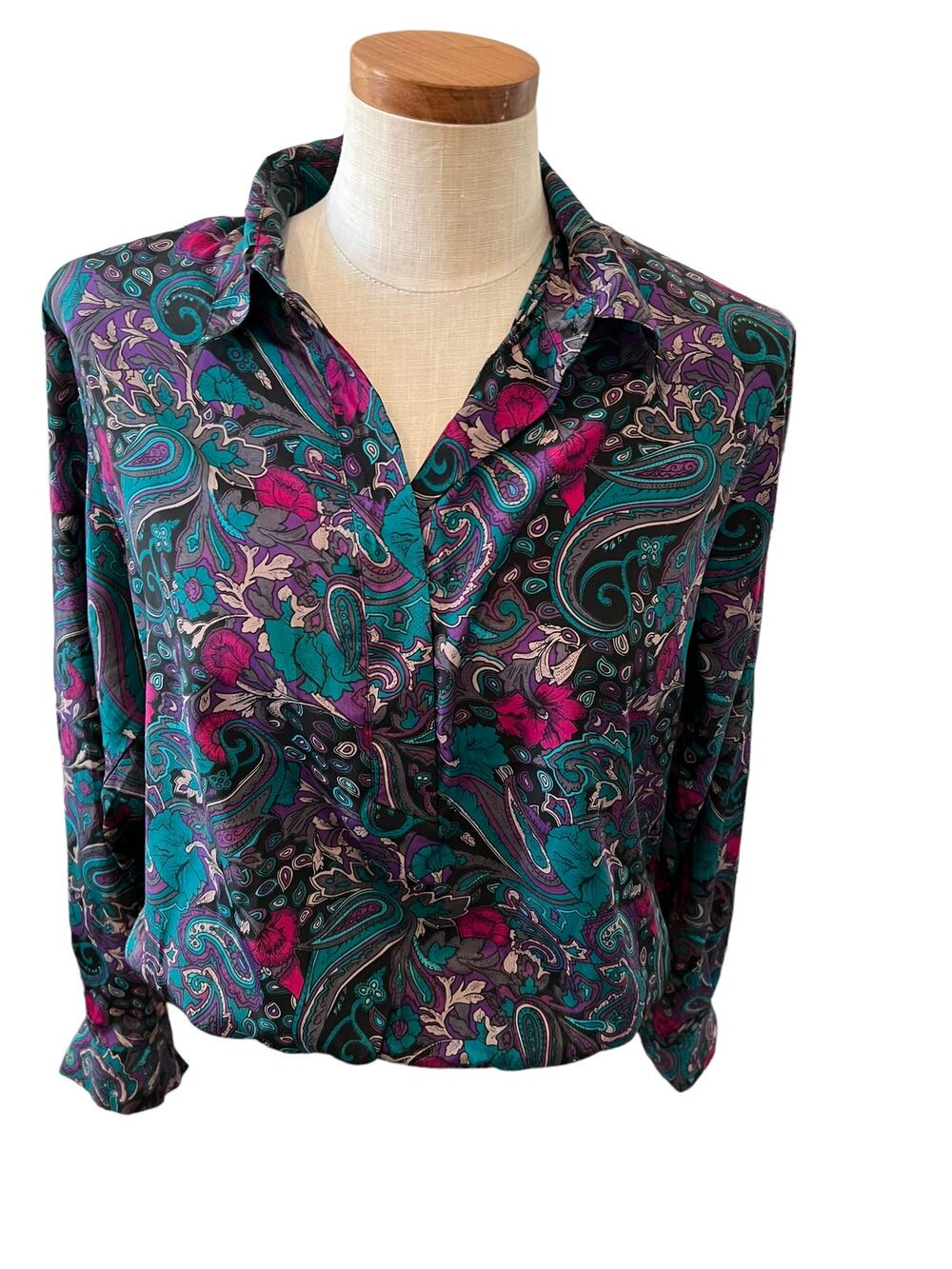 Vintage 80s Alfred Dunner collared top Emerald Green Paisley Print 14